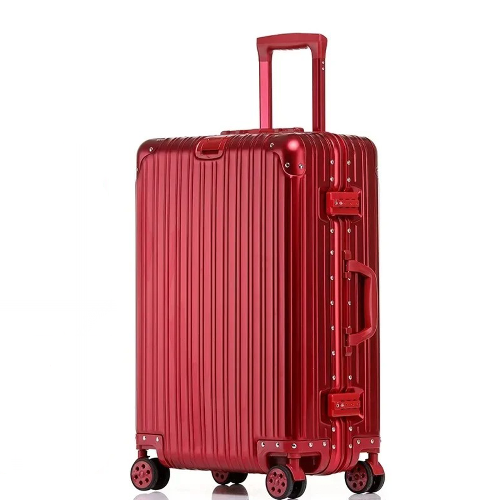 A deep ocean blue rolling suitcase with a hard aluminum shell, zipperless closure, and spinner wheels.
