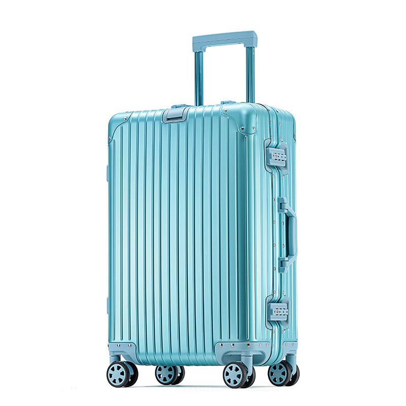 Light blue suitcase with a striped pattern on a white background