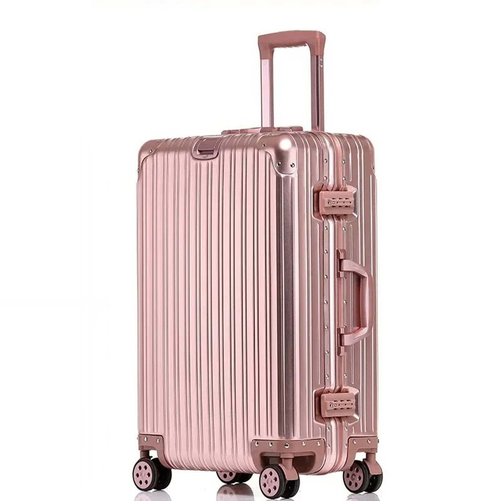 A deep ocean blue rolling suitcase with a hard aluminum shell, zipperless closure, and spinner wheels.