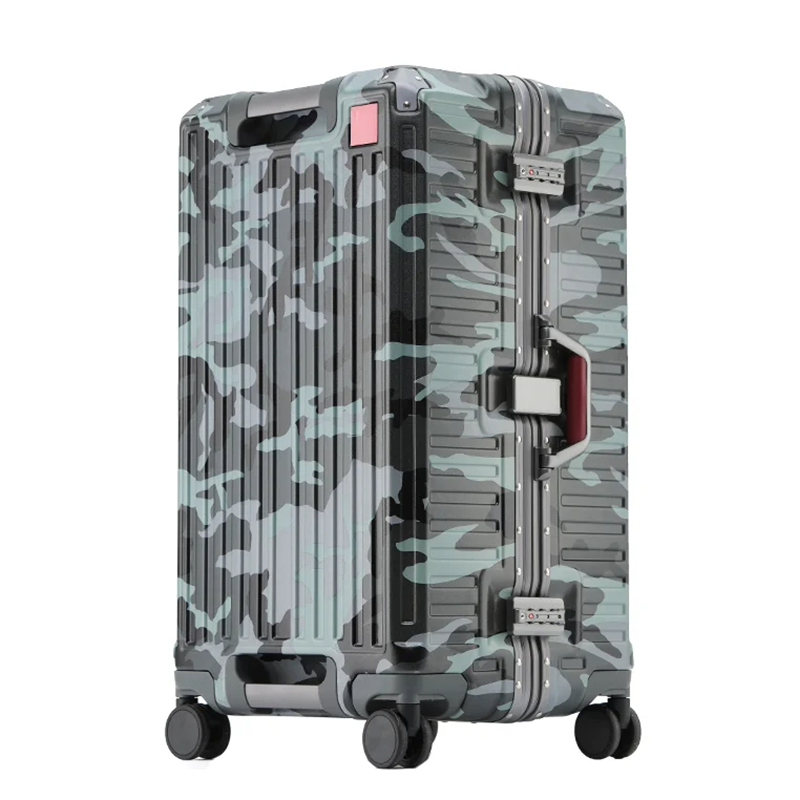 Camouflage-patterned suitcase on a white background