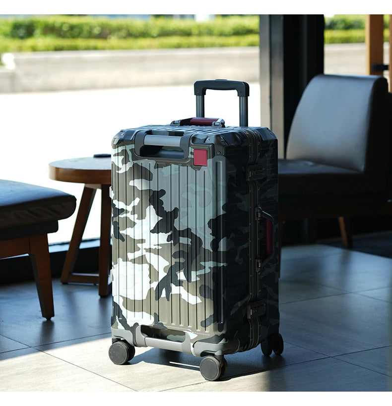 Camouflage-patterned suitcase in a modern interior setting