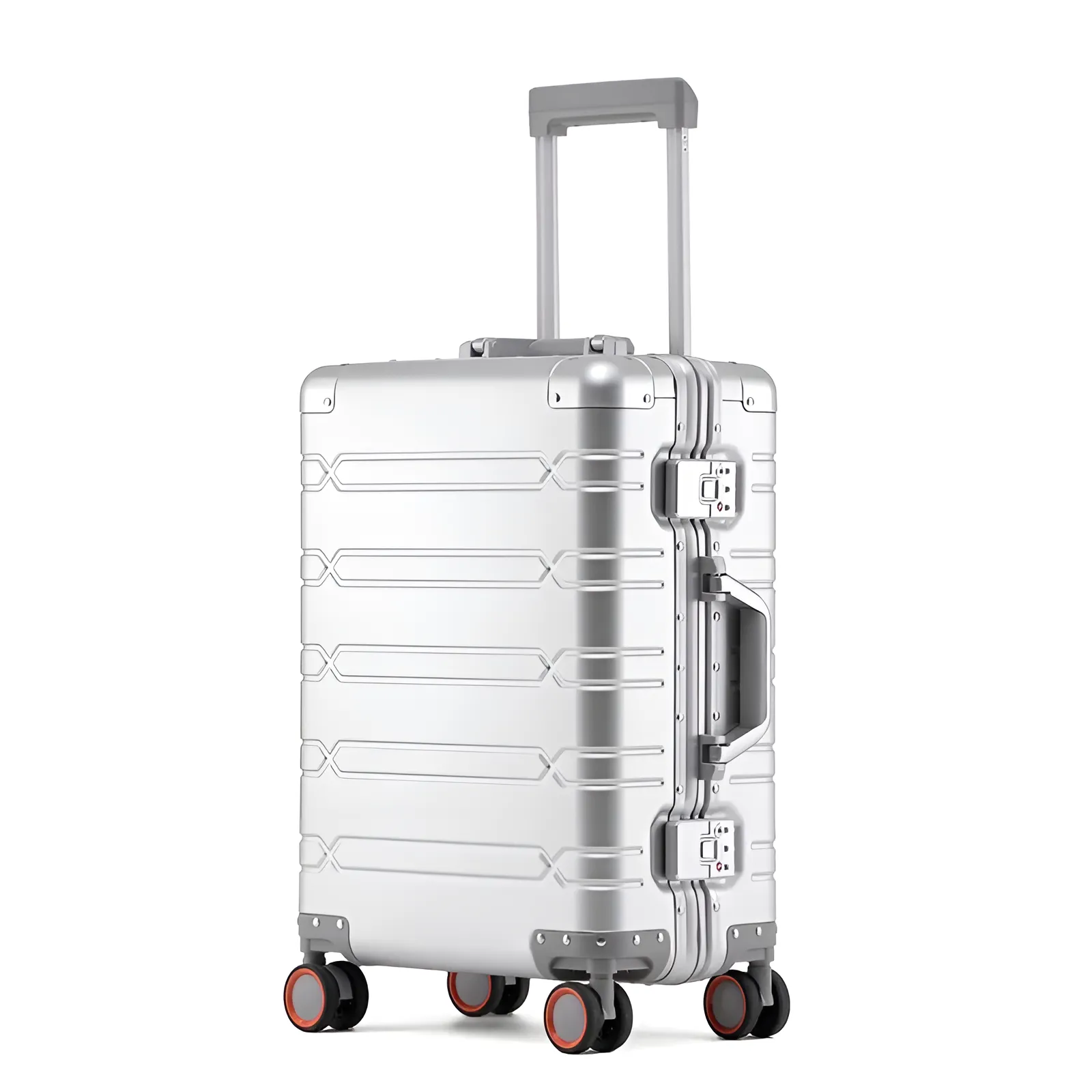 A silver aluminum suitcase with a telescopic handle and four spinner wheels.