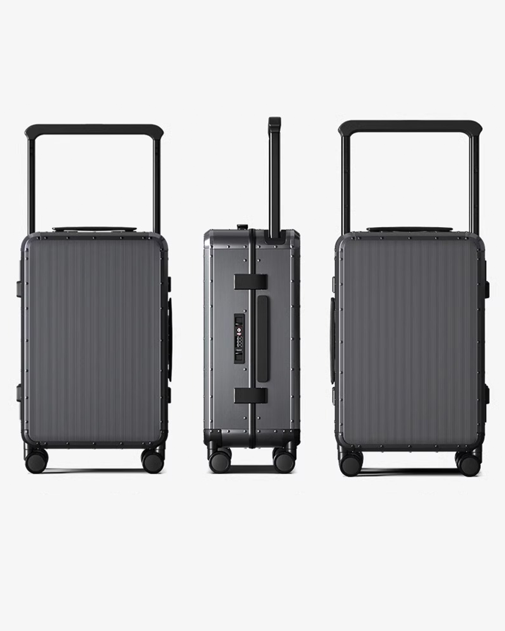 Three black suitcases of different sizes on a white background