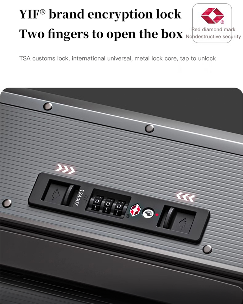 YIF brand encryption lock with two-finger unlocking mechanism on a metallic surface.