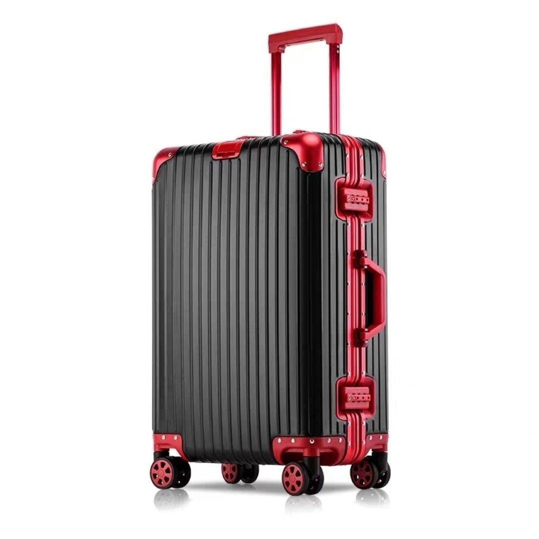 Black and red suitcase with visible brand name on a white background