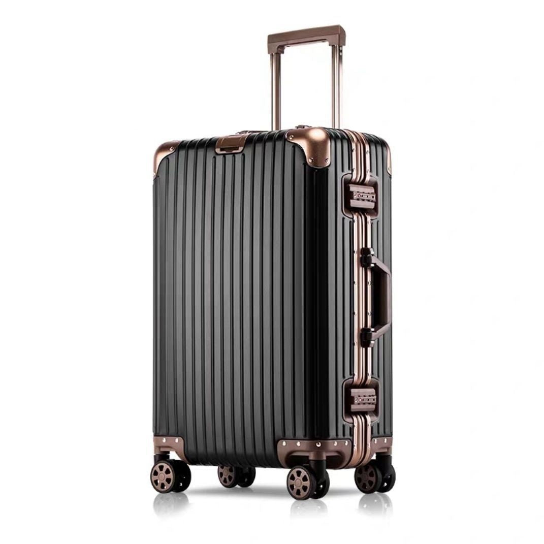Black suitcase with rose gold accents on a white background