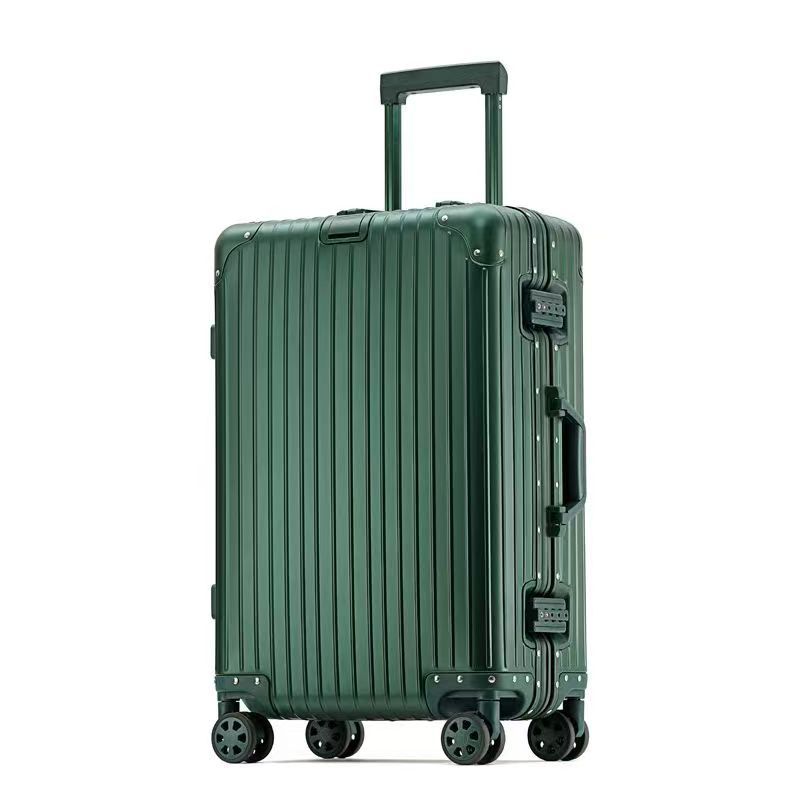 Green suitcase with a striped pattern on a white background